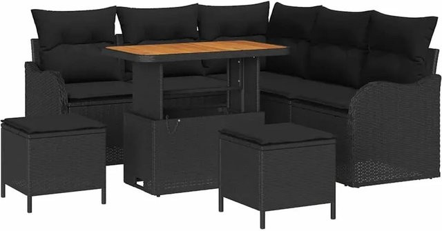 vidaXL Garten-Sofa-Set 8-teilig in Schwarz mit Polstern und Ottomane aus Poly-Rattan und Metall für Terrasse und Garten - Bild 1