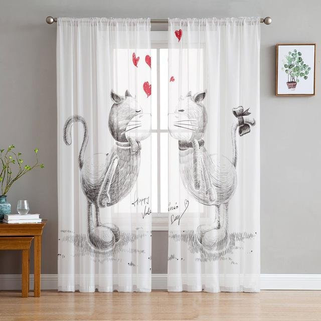 A Family Of Home Textiles Transparent Voile-Vorhang mit Tier- und Katzenmotiven, Farbe: Weiß, Breite: 135 cm, Höhe: 114 cm - Bild 1