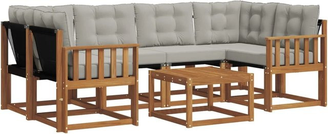 vidaXL Outdoor-Sofagarnitur 7-teilig aus Akazienholz und Textilene in Natur und Hellgrau mit Kissen und Armlehnen - Bild 1