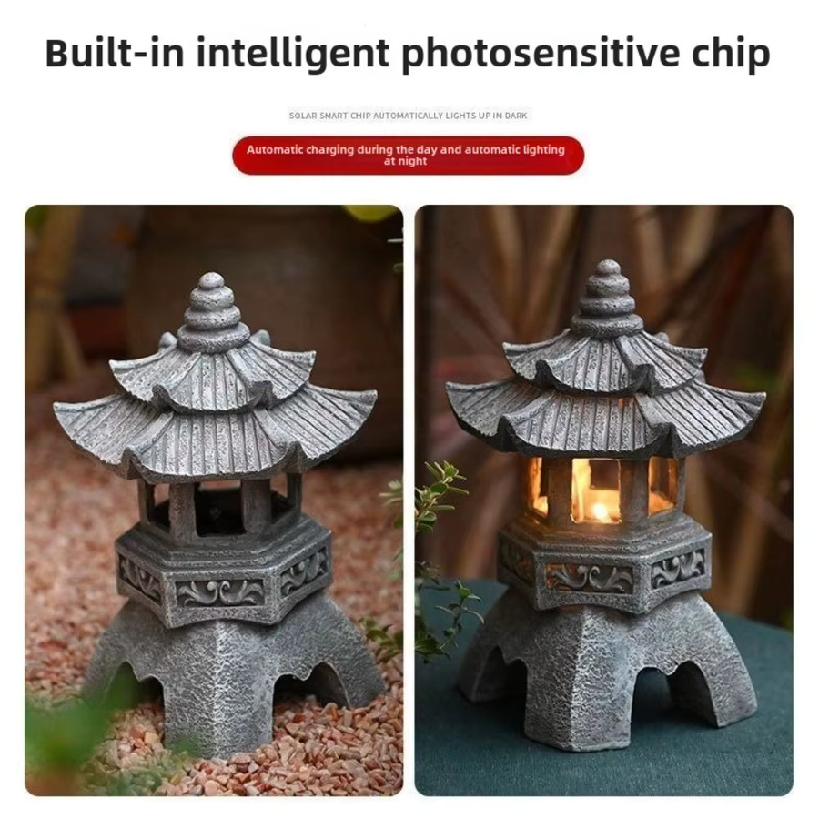 Solar Pagode Zen Stein Dekoration aus Harz als Gartenornament mit Außenbeleuchtung - Bild 3