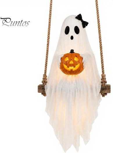 Dayuansheng Halloween Geisterschaukel mit leuchtendem Kürbis, beleuchtete Grusel-Dekoration in Weiß - Bild 1