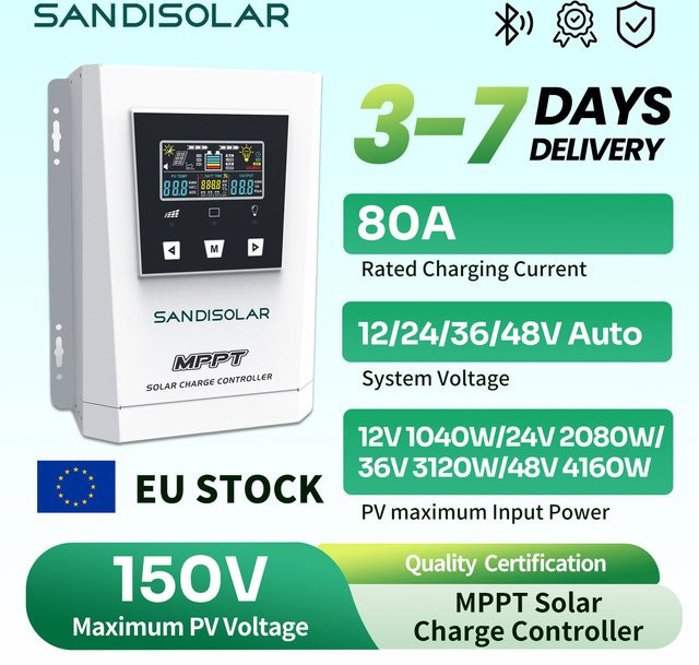 SANDISOLAR MPPT Smart Solar-Controller mit Farb-LCD-Bildschirm, 60A/100A, 12V/24V/36V/48V Systemspannungseinstellung, Farbe: Weiß - Bild 1