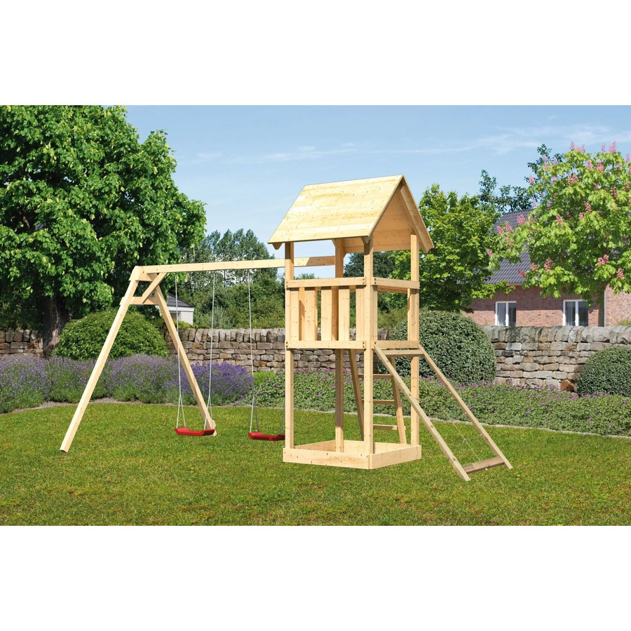Karibu Spielturm Lotti mit Doppelschaukel & Netzrampe aus Massivholz - Bild 2