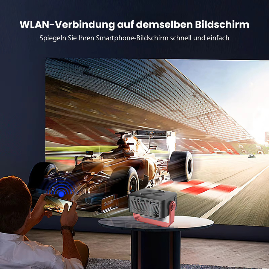 Tragbarer Mini Beamer in Schwarz mit 1080P Full-HD Decoding, Smartphone-Spiegelung und integriertem Lautsprecher inklusive verstellbarem Ständer - Bild 3