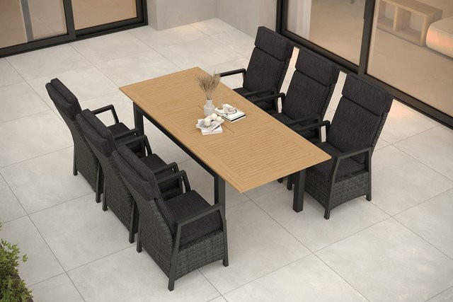 OUTFLEXX Nova Garten-Essgruppe mit 6 Sesseln, anthrazit/grau, Aluminium/Polyrattan/Teak, ausziehbar, B/T/H: 152 x 210 x 89 cm - Bild 1