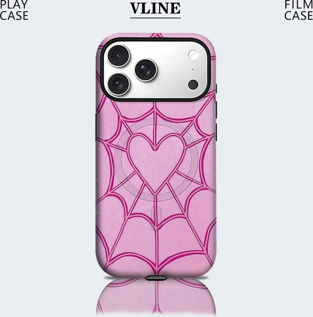 Potdemiel Handyhülle mit Rosa Herz-Spinnennetz-Design für iPhone 17 16 15 14 13 Pro Max Plus, Robuste Ein- und Doppelschicht-Schutzhülle mit Magnetfunktion - Bild 1