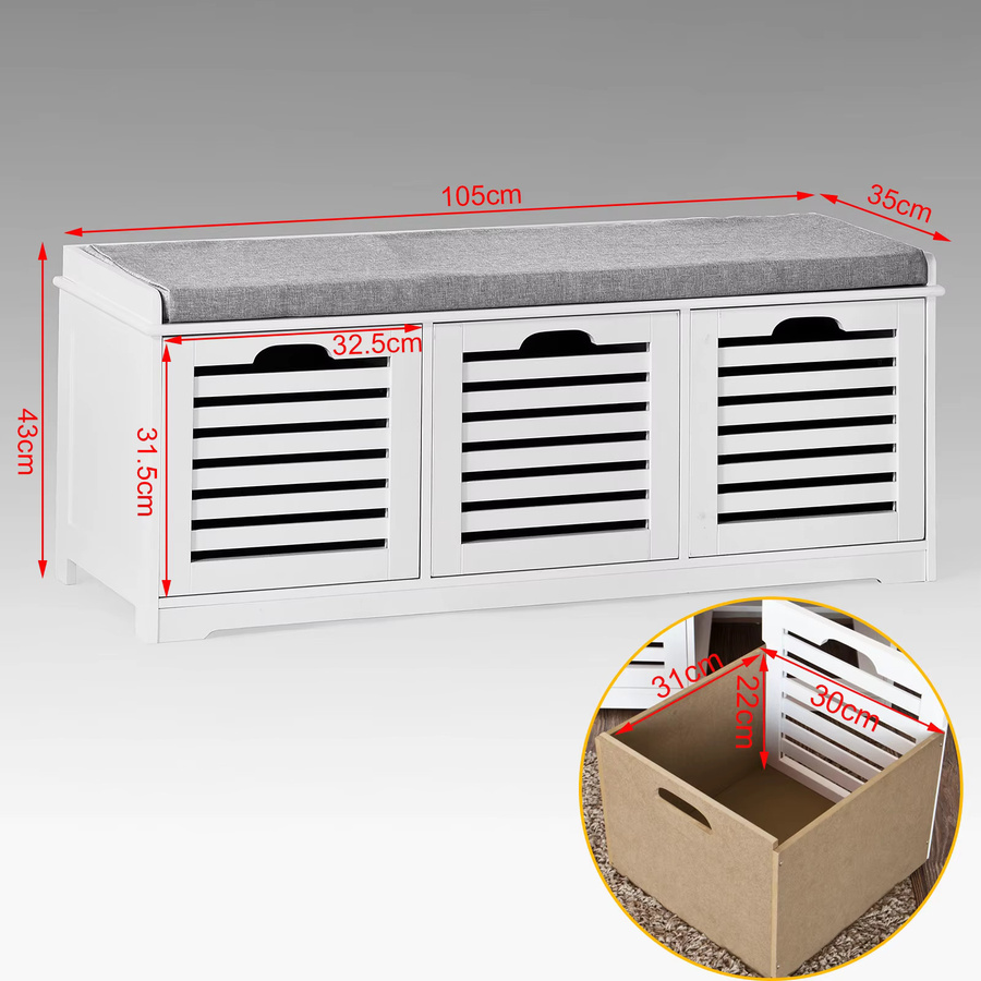 SoBuy Schuhbank FSR23-W mit Schuhregal und 3 Körben in Weiß, moderne Sitzbank mit Stauraum für den Flur, B/T/H: 105 x 43 x 35 cm - Bild 3