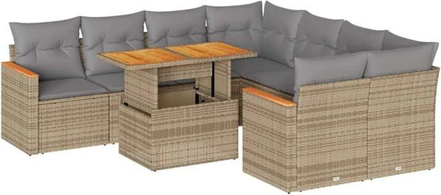 vidaXL 9-tlg Garten-Sofagarnitur in L-Form aus Polyrattan und Akazienholz mit Kissen in Beige-Grau - Bild 1