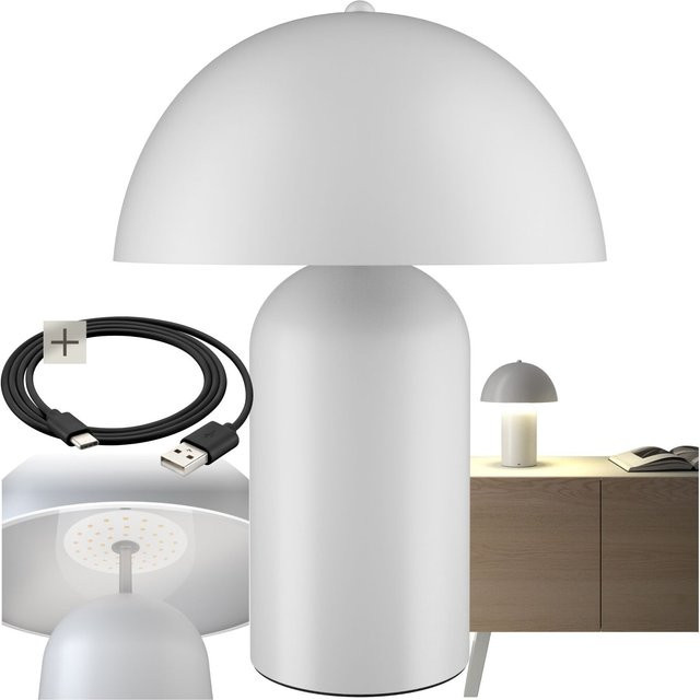 tectake Kade Akku-Tischlampe im Retro-Pilzdesign, Weiß, B/T/H: 25 x 25 x 34 cm - Bild 1