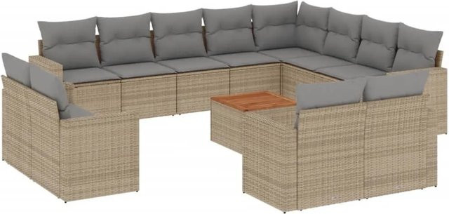 vidaXL 13-teilige Garten-Sofagarnitur aus Poly-Rattan und Akazienholz in Beige-grau mit Kissen - Bild 1