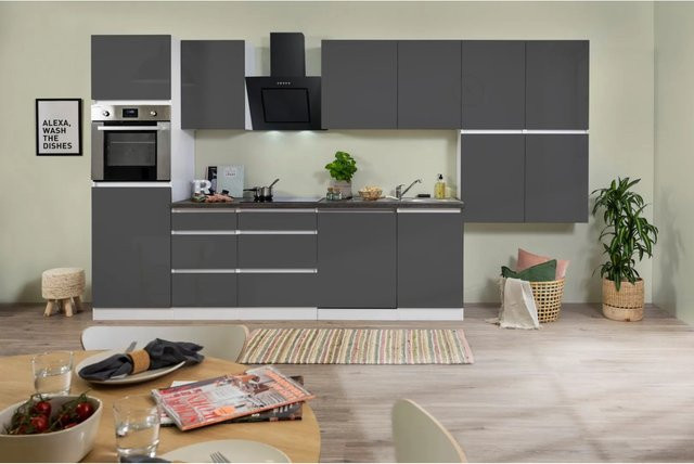 Respekta Küchenzeile ohne E-Geräte in Grau Hochglanz und Weiß, puristisches Design mit Soft-Close-Türen, Breite: 380 cm, Tiefe: 60 cm, Höhe: 220,5 cm - Bild 1
