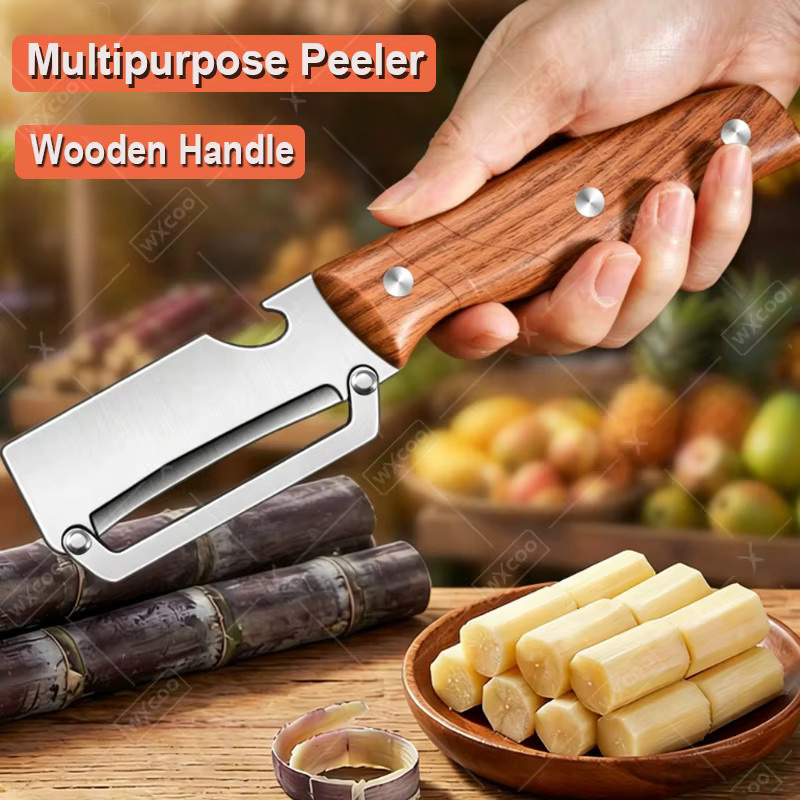 WXCOO Gemüseschäler aus Edelstahl mit Holzgriff in Braun, 2-in-1 Obstschäler und Flaschenöffner für Kartoffeln und Zuckerrohr - Bild 2