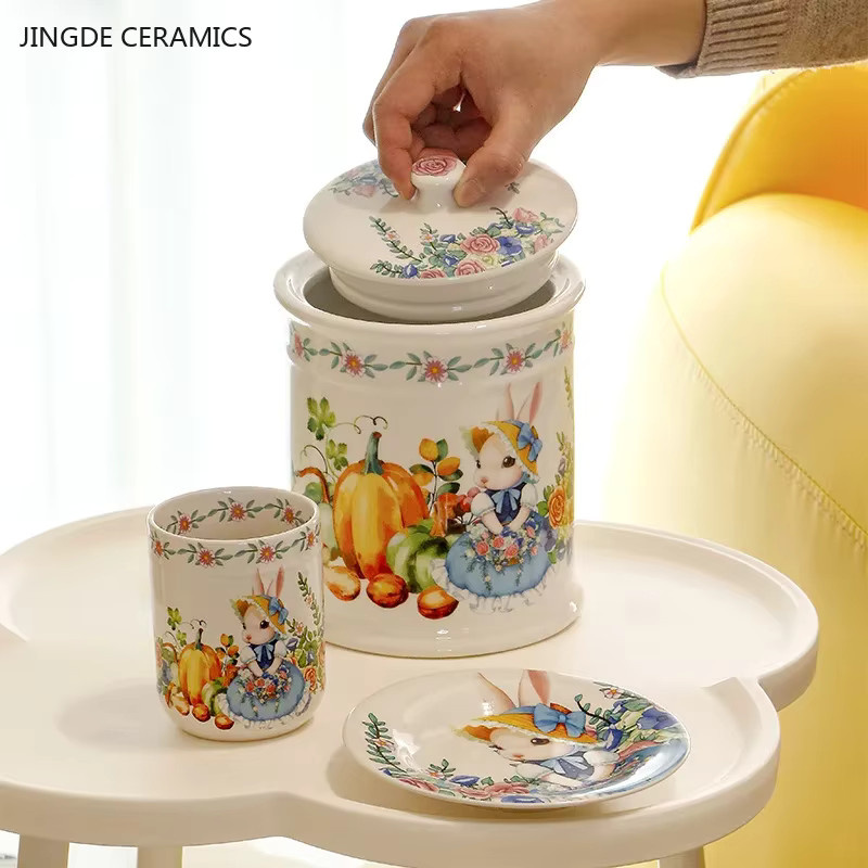 JINGDE CERAMICS Keramik Salat Schüssel mit Kürbis und Kaninchen Muster für Erwachsene - Bild 3