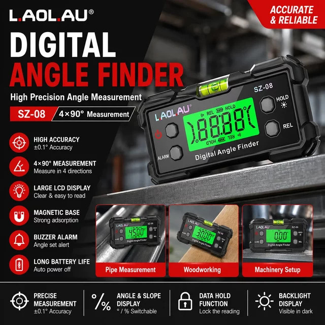 Digitaler Winkelmesser mit Libelle und Magnet, elektronischer Neigungsmesser und Goniometer in Rot-Schwarz - Bild 1