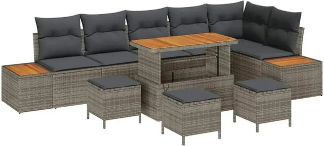 vidaXL 10-teiliges Garten-Sofaset in Grau aus Poly Rattan und Akazie mit Kissen und abnehmbaren Bezügen - Bild 1