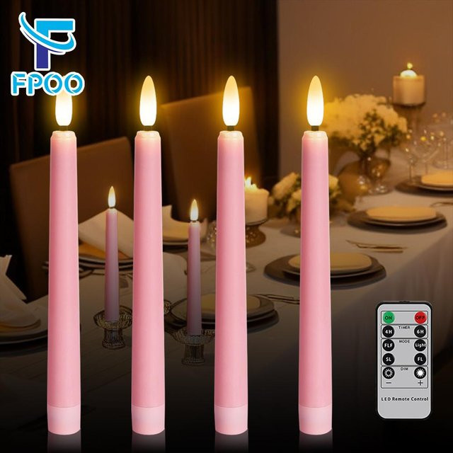 FPOO 4er Set LED Taper Kerzen in Rosa, batteriebetriebene Flammenlose Kerzen mit Fernbedienung und Timer für Hochzeit und Dekoration - Bild 1