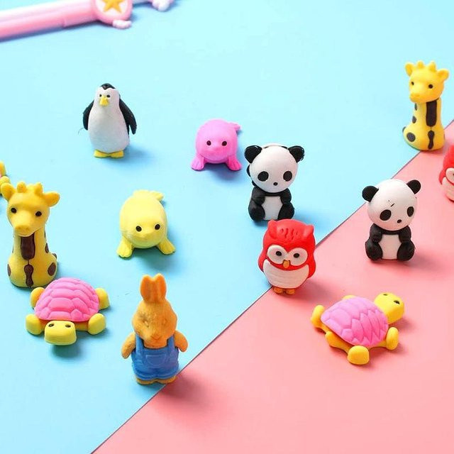 10er Set Binchi Keji Travel Radiergummis in Tierform, bunte Cartoon Design Schreibwaren, Pink und Multicolour - Bild 1