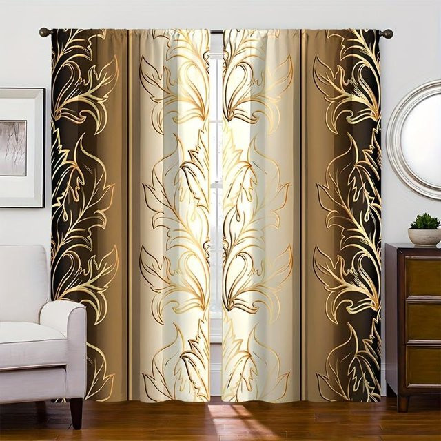 Yiran Furniture Vorhangset mit Blättermuster in Beige, 2er-Pack semi-transparent mit Stangentaschen, Breite: 60 cm, Höhe: 150 cm - Bild 1