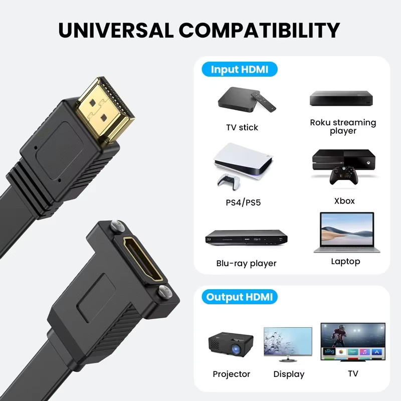 MACDOT HDMI 2.0 Verlängerungskabel in Schwarz, 0,5 m, 90 Grad flacher Stecker und Buchse, Hochgeschwindigkeit 4K 60 Hz mit Panel-Installation für Schraubenloch-Montage - Bild 3
