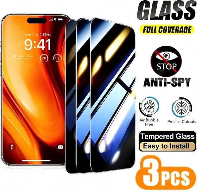 SnakeGlass 3er-Pack Anti-Spionage Vollbild-Displayschutzfolie aus gehärtetem Glas mit 9H Härtegrad für iPhone 17 16 15 14 13 12 11 Pro Max Plus und Air Modelle - Bild 1
