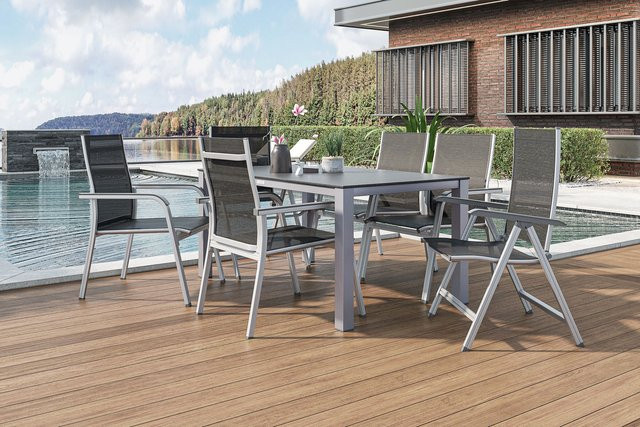 Kettler BasicPlus Garten-Essgruppe in Silber/Anthrazit mit Tisch und 6 Stühlen aus Alu, Spraystone und Textil, B: 160 cm, T: 95 cm - Bild 1
