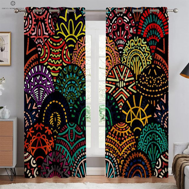 Yiran Furniture Vorhänge mit böhmischem Karomuster im Retro-Stil, 2er-Set, halbtransparent, Mehrfarbig, Breite: 70 cm, Höhe: 100 cm - Bild 1