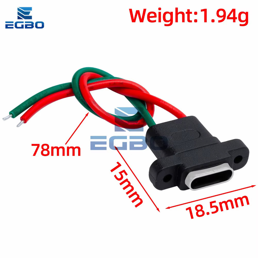 EGBO USB-C Ladeport 2-Pin wasserdichte weibliche Buchse mit W-förmig gelöteten Drähten in Schwarz - Bild 3