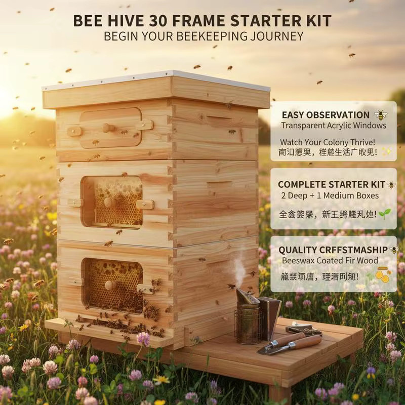 Fenê Langstroth Bienenstock-Set aus Fichtenholz mit 30 Rähmchen und Bienenwachs-Beschichtung, Farbe: Braun/Grün - Bild 4