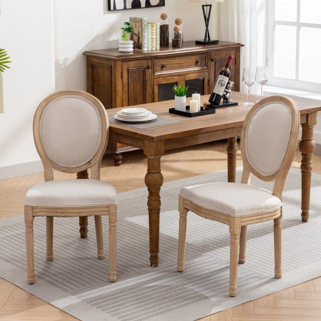 2er-Set Esszimmerstühle im französischen Stil mit Massivholzrahmen und antik bemaltem Leinenstoff in Beige - Bild 1
