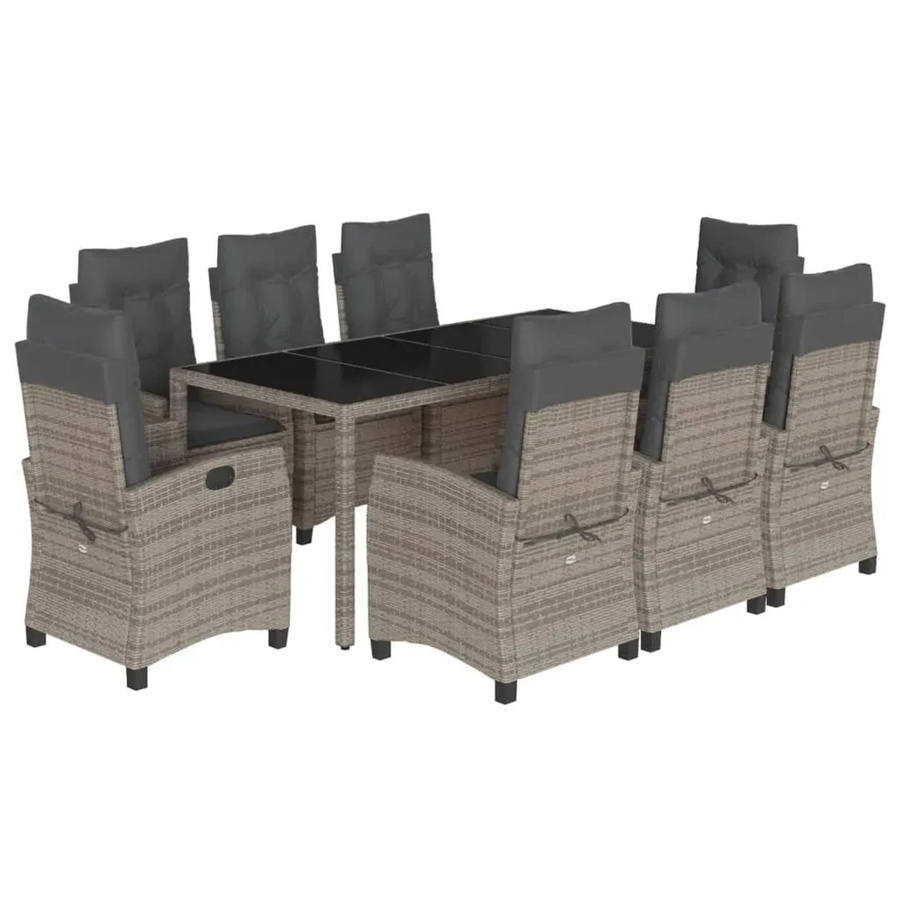 vidaXL 9-teilige Garten-Essgruppe aus Poly-Rattan in Grau mit Kissen und Hartglas-Tischplatte - Bild 2
