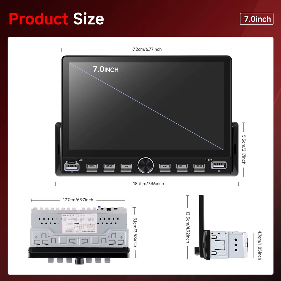 Podofo 1Din Autoradio mit Mirror-Link-Funktion, Bluetooth, USB und EQ-Soundeffekten in Schwarz - Bild 4