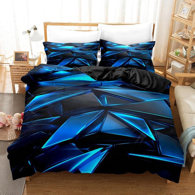 Bettwäsche-Set Binchi Fitness mit 3D-Geometrie-Design in Blau und Schwarz, Microfaser, B/H: 200 x 200 cm - Bild 1