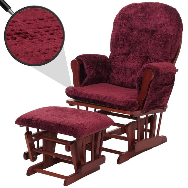 MCW Relaxsessel C76 Schaukelstuhl mit Hocker aus Chenille Stoff in Bordeaux und dunklem Birkenholzgestell - Bild 1