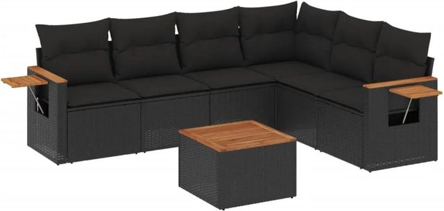 vidaXL 7-teilige Garten-Sofagarnitur in L-Form aus schwarzem Poly-Rattan mit Kissen und Akazienholz - Bild 1