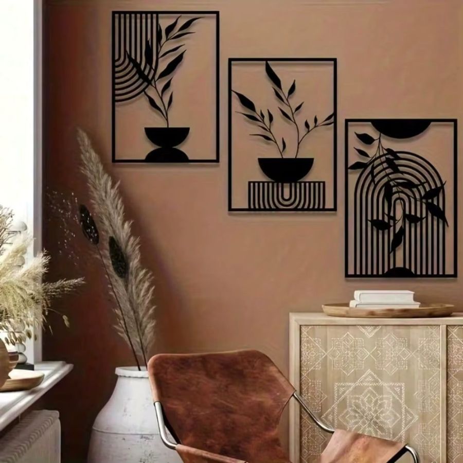 CIFBUY 3-teiliges Metall-Wandkunst-Set in Schwarz, minimalistische abstrakte Linien als Wanddekoration für Innen und Außen - Bild 4