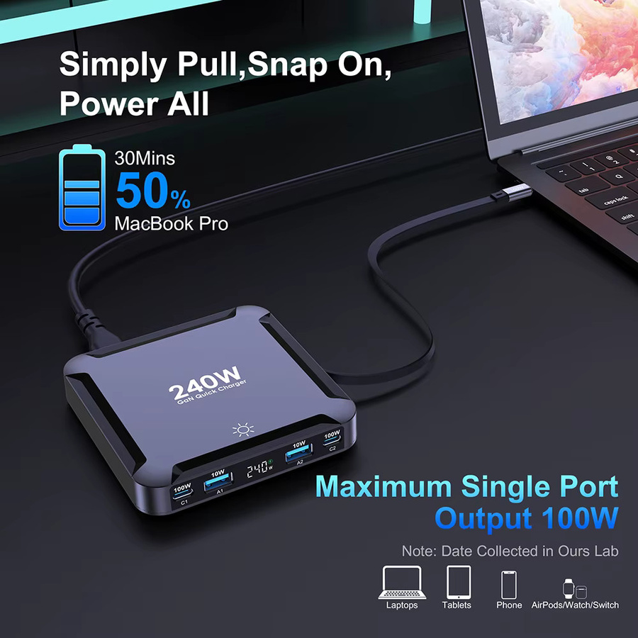 Ubigbuy 240 W GaN Ladegerät mit Digitalanzeige und einziehbarem 100 W USB-C Kabel in Schwarz - Bild 3