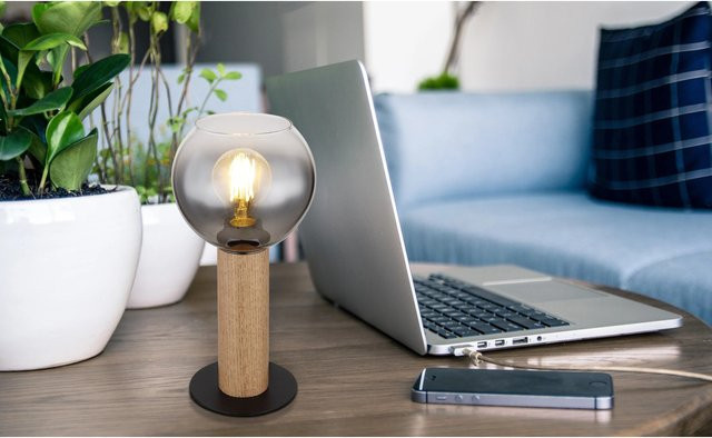 Globo Tischlampe Moitas 1-flammig Schwarz Matt mit rauchfarbenem Glasschirm, Durchmesser: 15 cm, Höhe: 30 cm - Bild 1