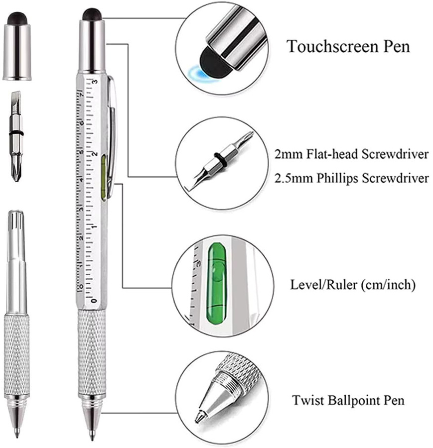 Multifunktionaler Kugelschreiber mit Bildschirm-Stylus, Schraubendreher, Lineal und Nivelliergerät in Rot aus Metall - Bild 2