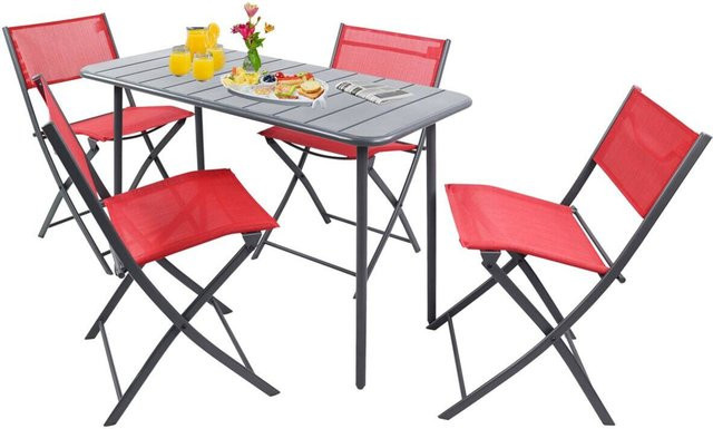 VCM 5-teiliges Balkonmöbel Set Sumila in Rot mit Gartentisch und 4 Klappstühlen aus Metall und Textilene für Garten, Balkon und Terrasse - Bild 1