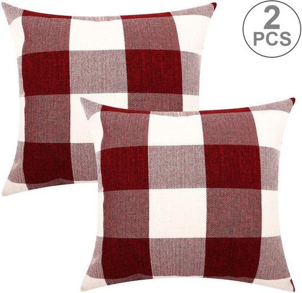 JMG Clothing Set aus 2 karierten Kissenbezügen aus Baumwolle und Leinen, B/B: 45 x 45 cm, Farben: Schwarz, Weiß, Rot, Grau, Blau - Bild 1