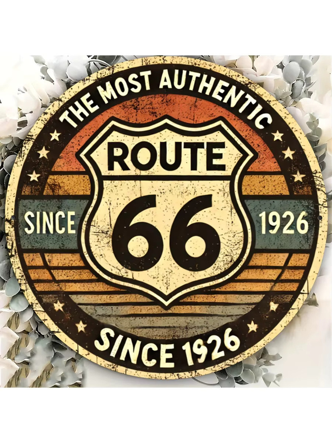 Potdemiel Route 66 Aluminiumschild in rustischem Design, runde Wanddekoration aus Metall, Mehrfarbig, Durchmesser: 20 cm - Bild 3