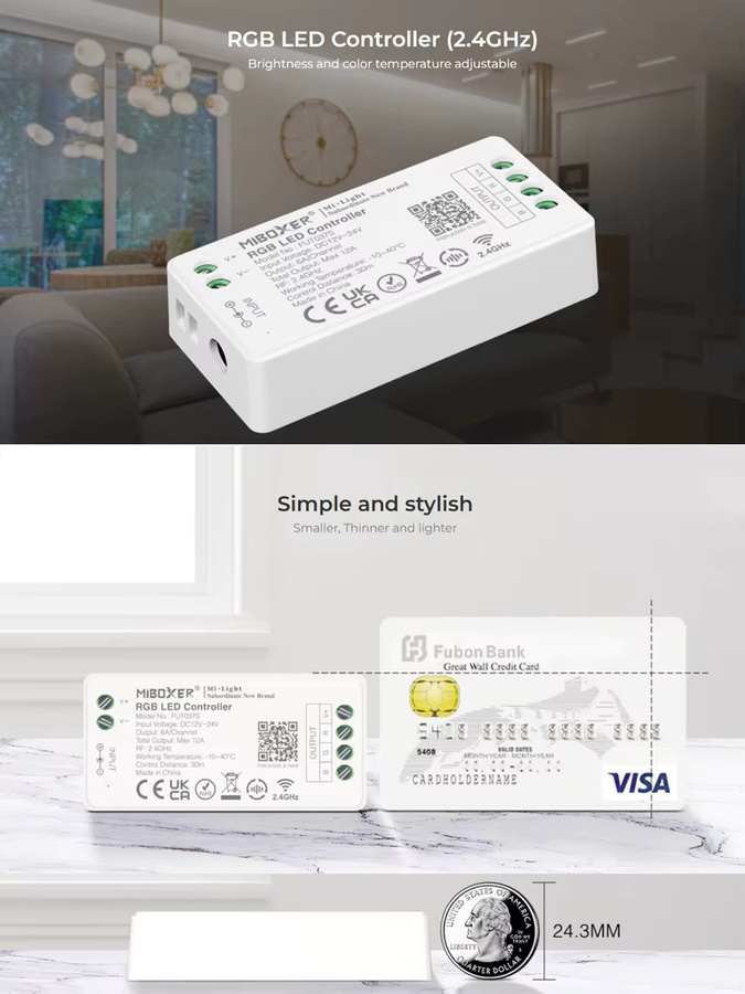 MiBoxer FUT037S+ LED-Controller für COB und LED-Streifen, 2,4GHz RF Wireless RGB, 6A/Ch, 16 Millionen Farben, DC12~24V - Bild 2
