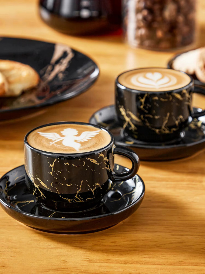 Malacasa Porzellan Tassenset in Schwarz-Weiß mit Untertassen und Metallständer für Cappuccino, Espresso und Latte, 6/12-teilig - Bild 7