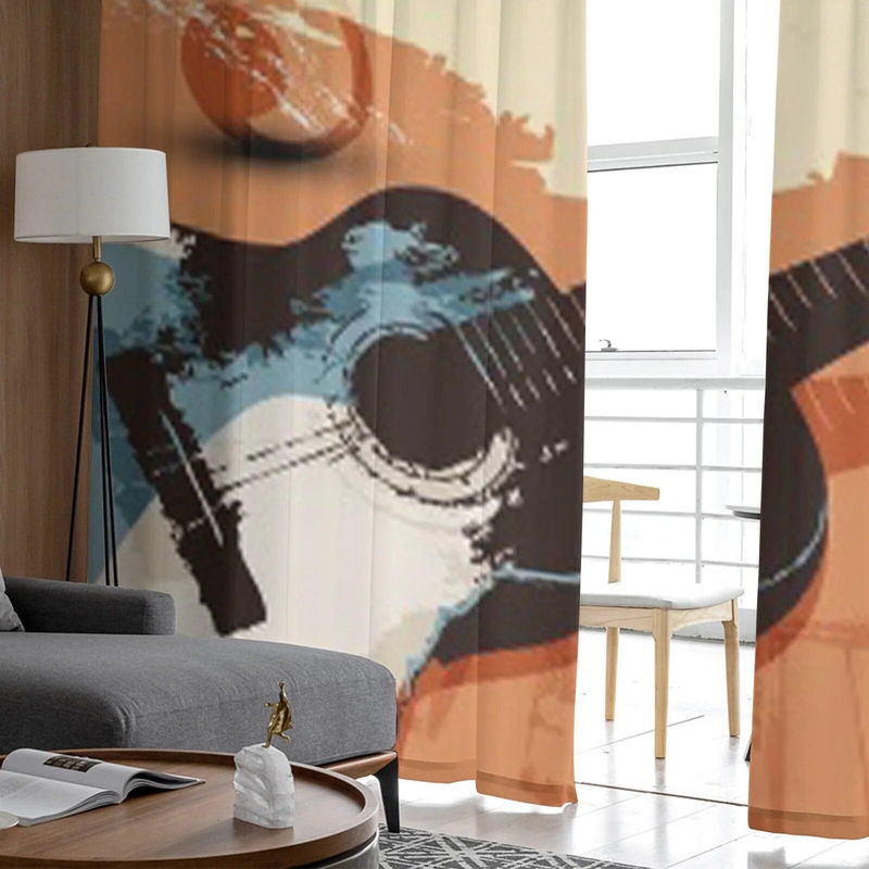 A Family Of Home Textiles Transparenter Chiffon-Vorhang mit Retro-Gitarren-Motiv in Grau, Breite: 135 cm, Höhe: 114 cm - Bild 4