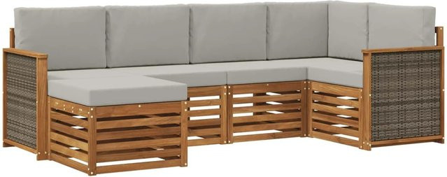 vidaXL Ecksofa Set in L-Form aus Massivholz Akazie mit 5 Kissen in Natur und Grau - Bild 1
