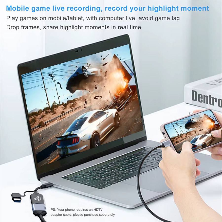 KOJESHUN 2-in-1 Video Capture Card mit USB 3.0 und USB Typ-C, 4K UHD HDMI Game Grabber für Nintendo Switch, Xbox und PS4/5 zur Live-Übertragung in Schwarz und Grau - Bild 2