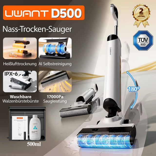 UWANT D500 Nass-Trockensauger in Weiß mit 17000 Pa Saugkraft, 180 Grad Lay-Flat Funktion, AI Selbstreinigung und 65 Grad Celsius Heißlufttrocknung sowie dreiseitiger Randreinigung - Bild 1