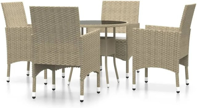 vidaXL 5-tlg Garten-Essgruppe aus Poly Rattan in Beige mit rundem Glastisch für Garten und Terrasse - Bild 1