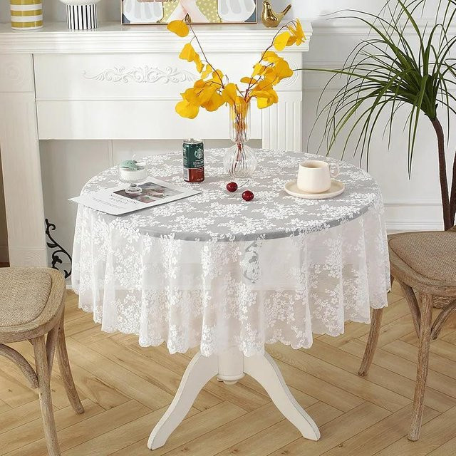 Runde Tischdecke von Super Six mit Spitze und Blumenmuster in Weiß, Durchmesser: 150 cm - Bild 1