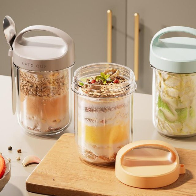 KuZHEN Frühstücksbecher aus Glas mit Deckel und Löffel, auslaufsicherer Müsli- und Joghurtbecher, transparent/beige, 430 ml - Bild 1